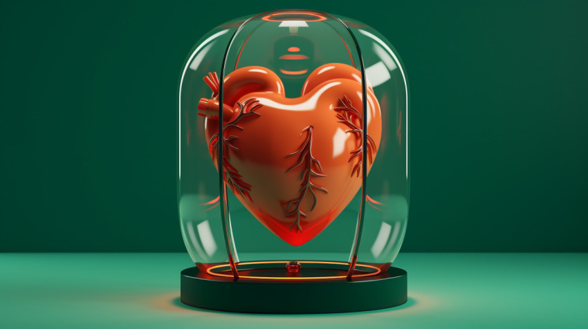 Red glass dome with heart design Red glass dome with heart design, human heart image
