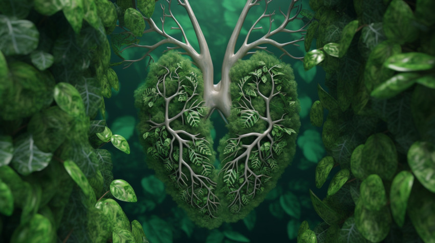 3d green lungs on a green background with leaves 3d green lungs on a green background with leaves, human lungs image