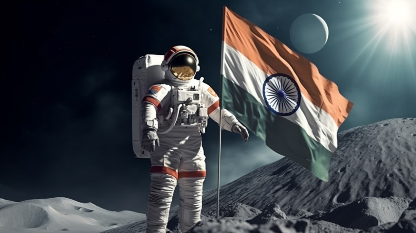 astronaut holding an indian flag on the moon