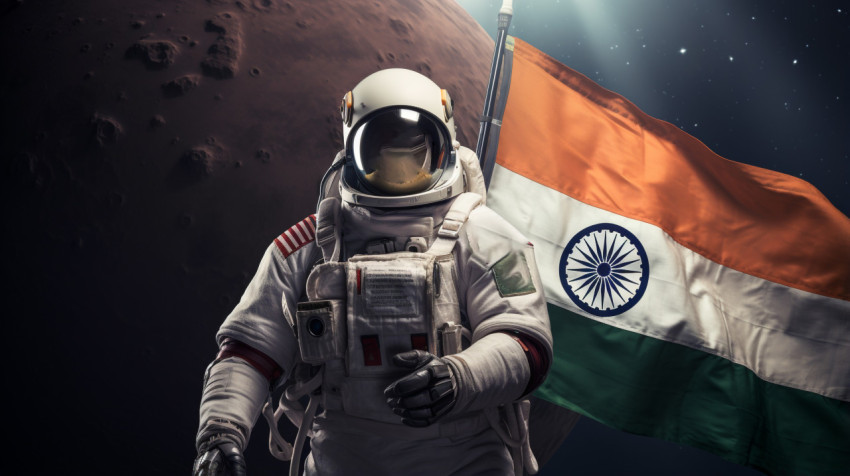 indian astronaut holding the indian flag on the moon