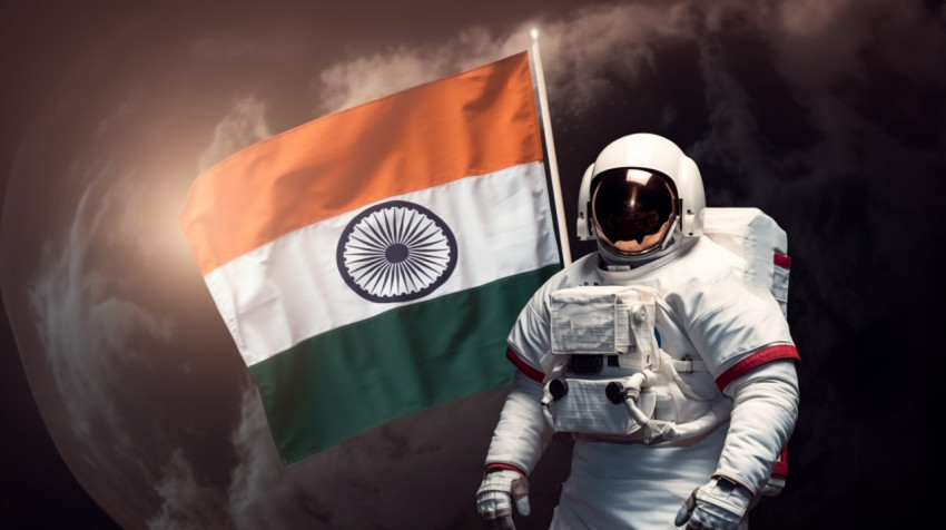 Astronaut is holding indian flag on the moon Astronaut is holding indian flag on the moon, chandrayaan with indian flag