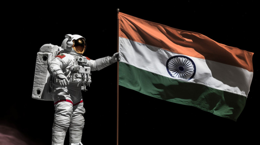 an astronaut stands near the astronaut with india flag