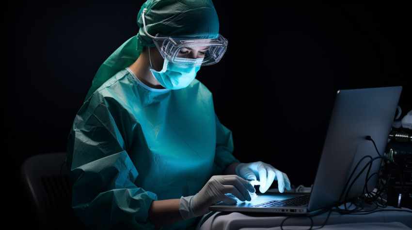 Female surgeon in mask and gloves standing on her laptop Female surgeon in mask and gloves standing on her laptop, medical images stock