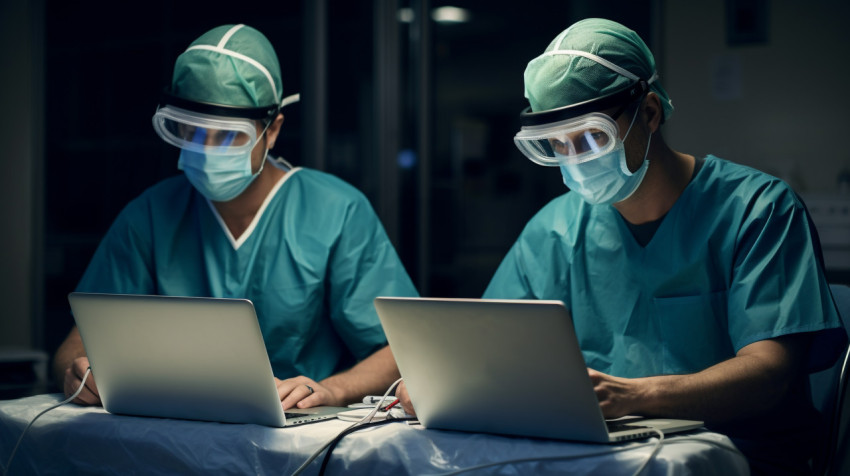 A pair of medical workers wear medical face masks over their lap A pair of medical workers wear medical face masks over their laptops, medical images stock