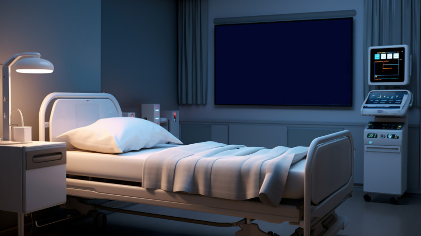 A hospital bed next to a monitor A hospital bed next to a monitor, medical images stock