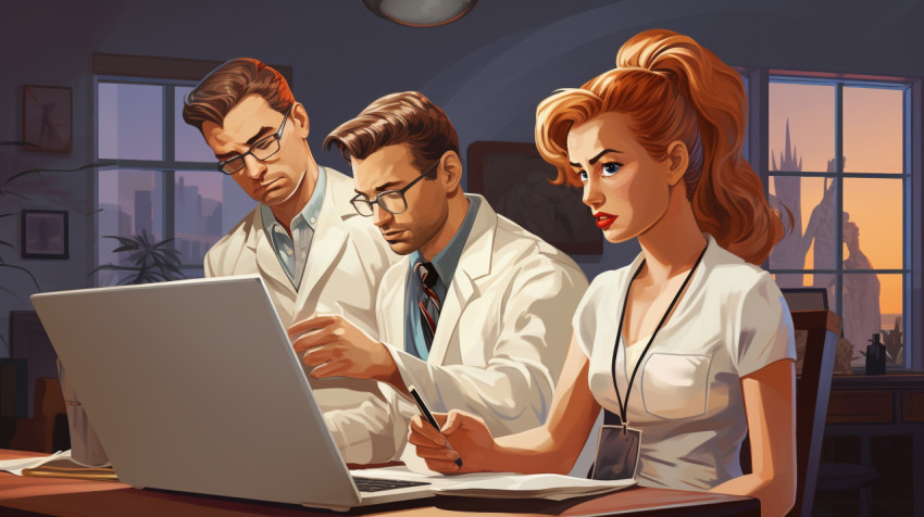 Three medical staff in an office looking at laptops Three medical staff in an office looking at laptops, medical images stock