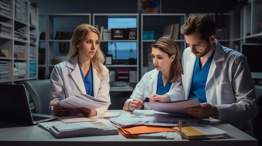 Doctors discussing patient notes on laptops Doctors discussing patient notes on laptops, medical images stock