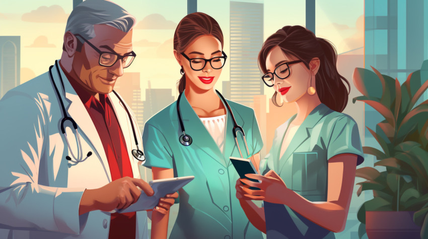 A healthcare team holding a tablet while a nurse A healthcare team holding a tablet while a nurse, medical images stock