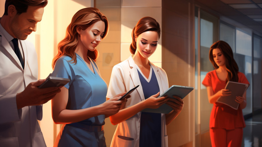 Healthcare team uses technology to stay connected Healthcare team uses technology to stay connected, medical images stock