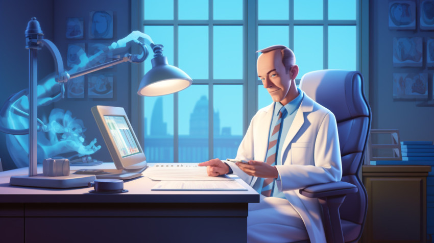 A doctor sitting at his desk with clipboard and computer A doctor sitting at his desk with clipboard and computer, medical images stock