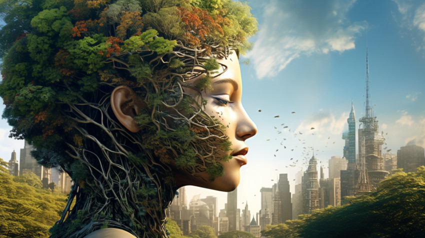 city and ecology with the human head and trees city and ecology with the human head and trees