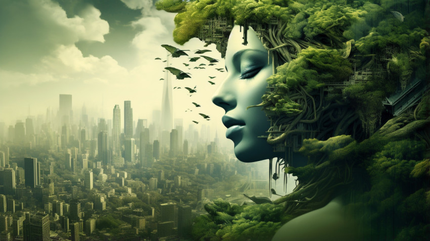 the modern city with forest forming its head over a man with a g the modern city with forest forming its head over a man with a g
