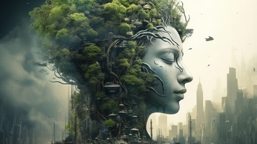 City with Forest Head Over Green Man City with Forest Head Over Green Man