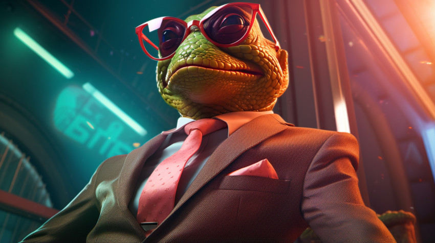A fake frog wearing sunglasses and a suit A fake frog wearing sunglasses and a suit, concept style art