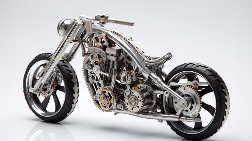 a chromed metal bike with gears is shown