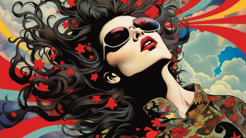 psychedelic poster lady with crazy head and clouds
