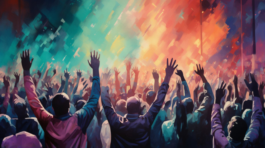 crowd with hands in the air in the bright colors of the night
