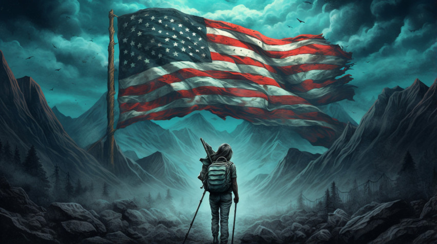 Woman walking in the mountains with america Woman walking in the mountains with america, propaganda style art