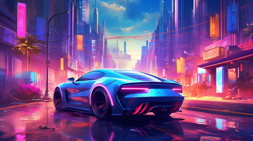 a blue car and city in an digital picture a blue car and city in an digital picture