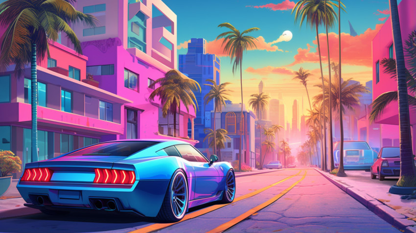 a blue car is driving down a street with palm trees a blue car is driving down a street with palm trees
