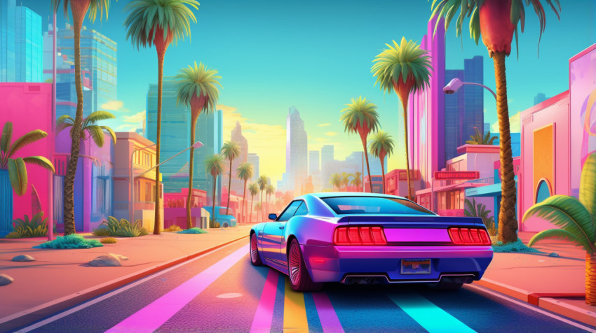 Blue convertible driving through palm trees Blue convertible driving through palm trees