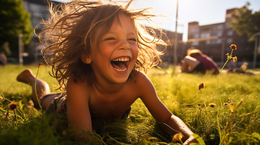 A child laughing as they play in a park A child laughing as they play in a park, mental health