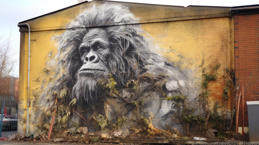 Gorilla perched on building ledge