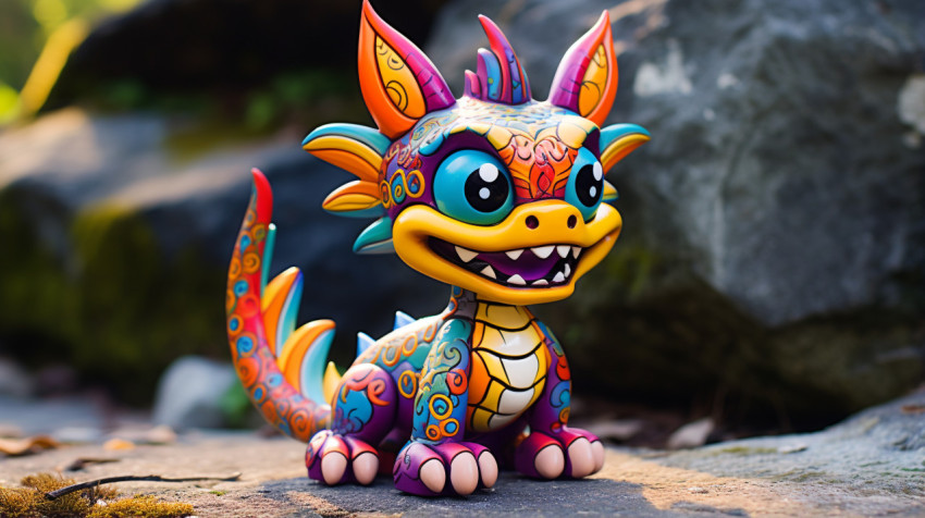 An image of a colorful ceramic figurine on a rock An image of a colorful ceramic figurine on a rock, alebrije style