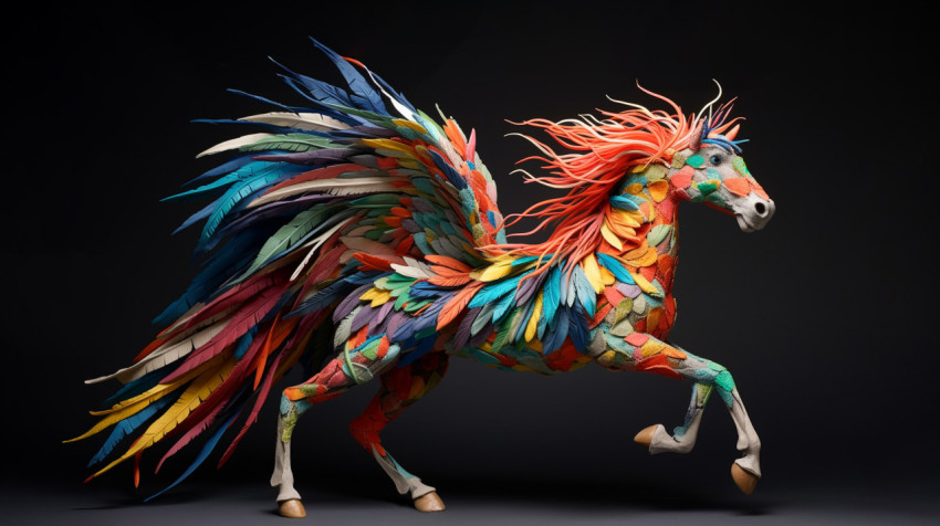A detailed paper mache horse with colorful feathers A detailed paper mache horse with colorful feathers, alebrije style