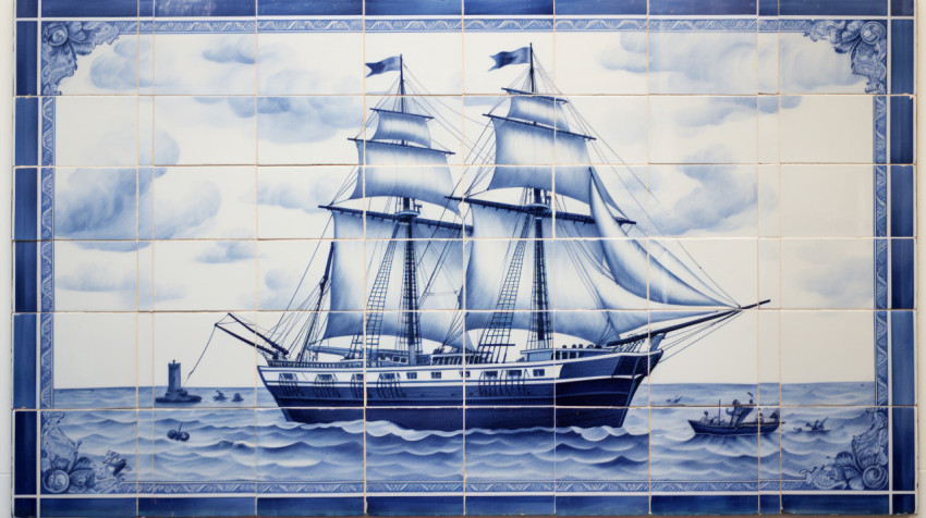 An image of a sailboat in a blue and white tile An image of a sailboat in a blue and white tile, azulejo art