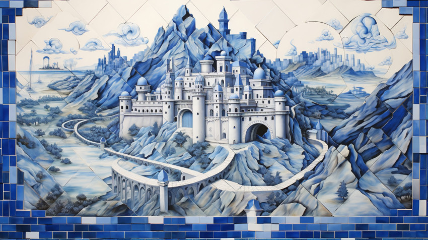 a ceramic tile painting shows a map of medieval castle in a plac
