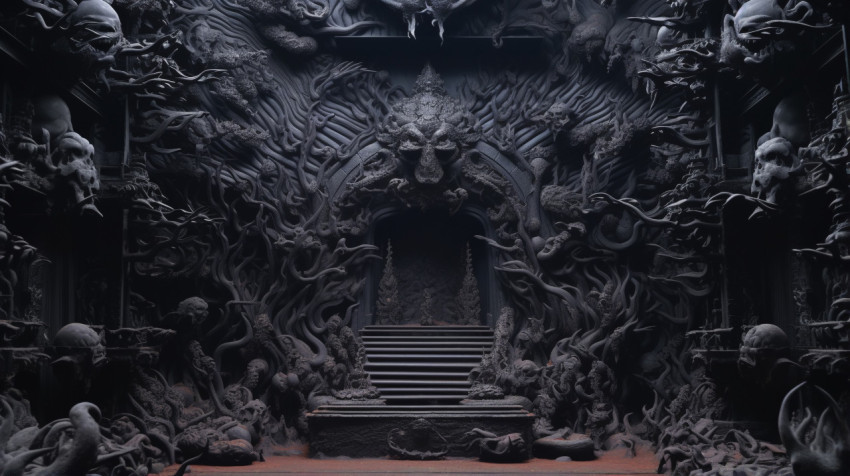 The black wall of an ancient structure that has some chinese dec The black wall of an ancient structure that has some chinese decorations on it, bas relief art