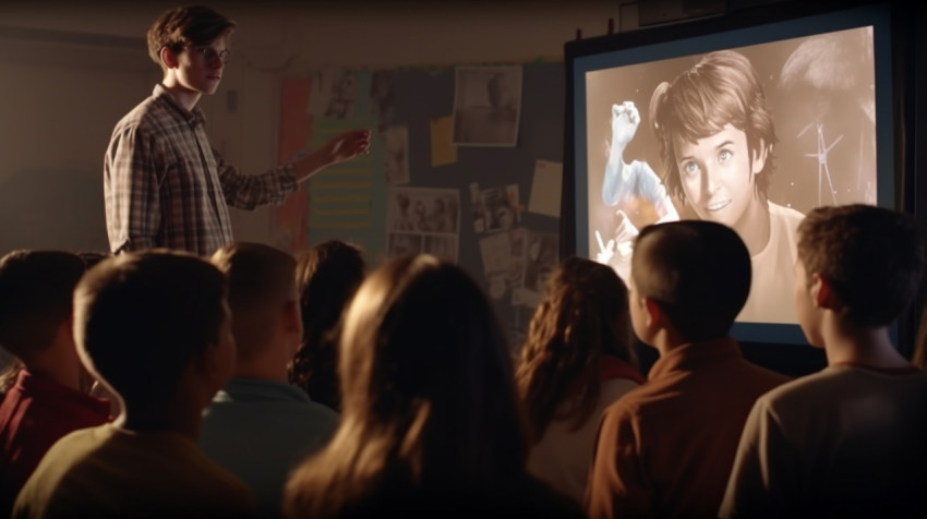 A teacher using a projector to show A teacher using a projector to show, education