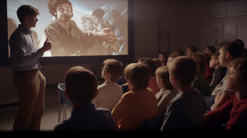 Teacher using a projector Scientists celebrate successful experiment, education