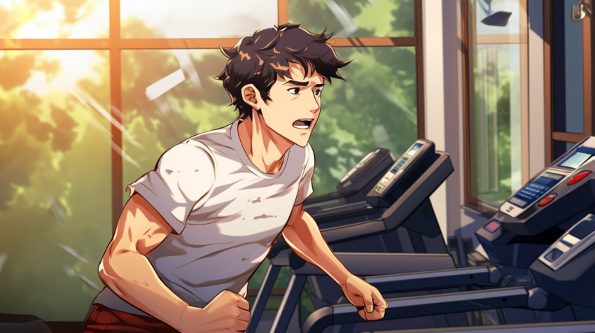 Man sweating on treadmill during intense workout Man sweating on treadmill during intense workout