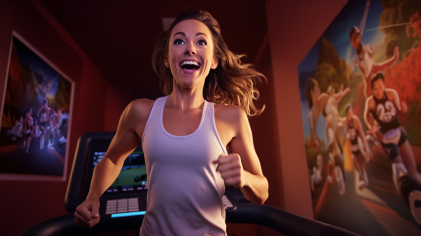 A man running on a treadmill while watching a video of his favor A man running on a treadmill while watching a video of his favorite football team