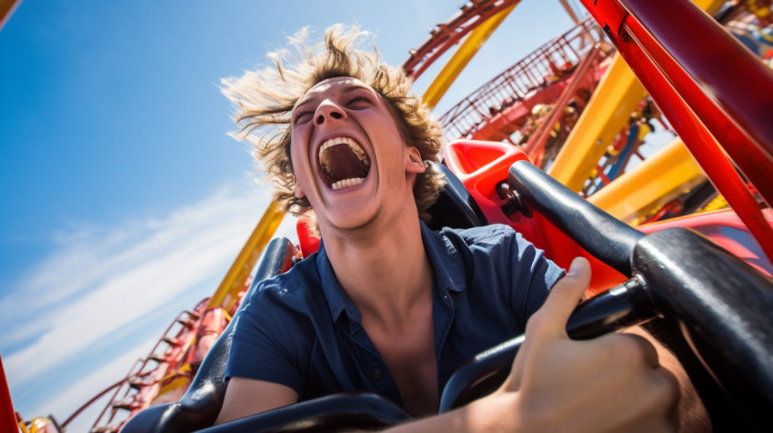 Person laughs hysterically on roller coaster ride Person laughs hysterically on roller coaster ride