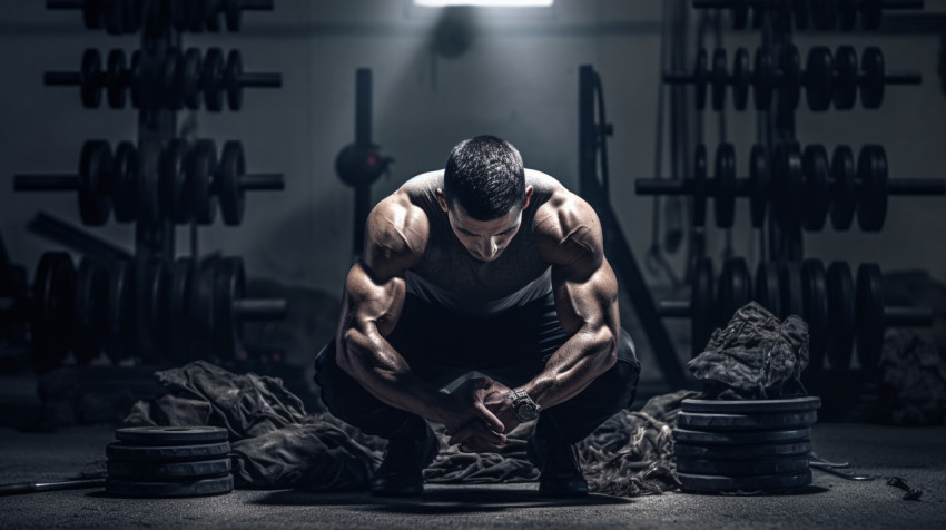 a man in black and white squatting in front of some weights a man in black and white squatting in front of some weights