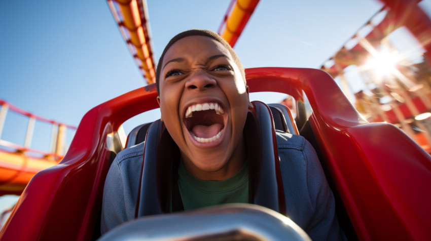 Person has a blast riding roller coaster Person has a blast riding roller coaster