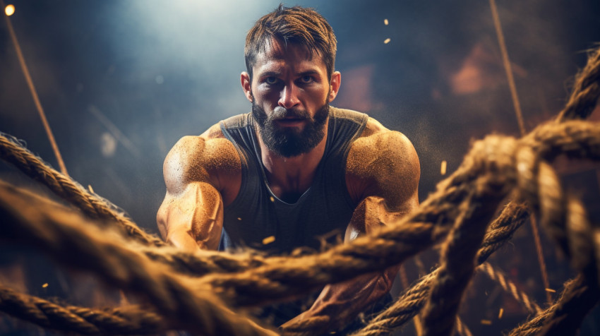 Cross fitness gym man training with rope tosses Cross fitness gym man training with rope tosses