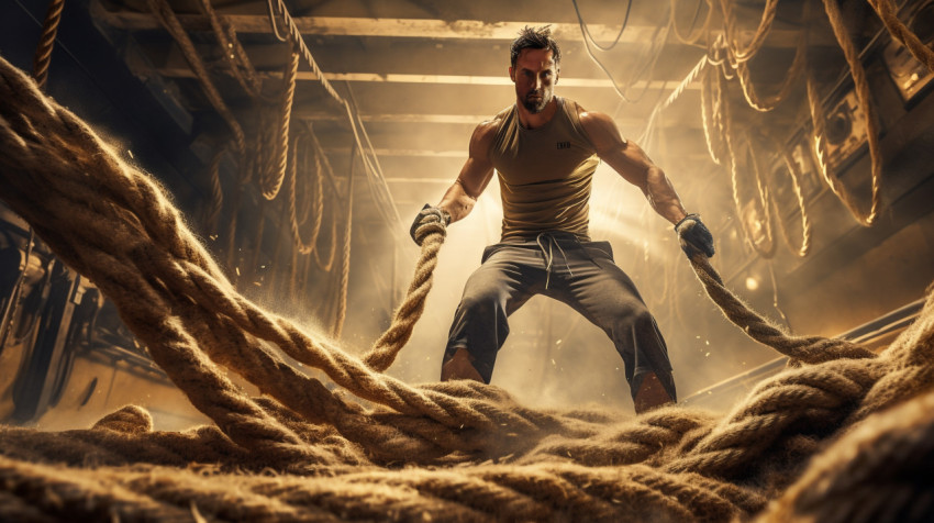 Fitness Enthusiast Practicing Rope Tosses Fitness Enthusiast Practicing Rope Tosses