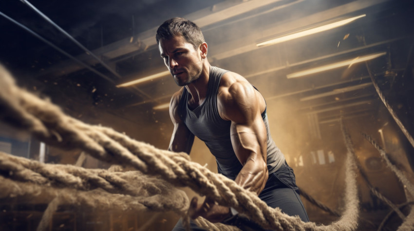 Man working out with ropes in cross fit gym Man working out with ropes in cross fit gym
