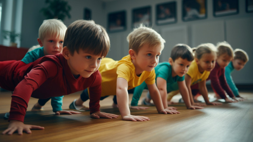 Children practicing pushups in fitness center Children practicing pushups in fitness center