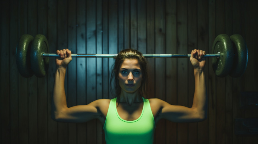 a young woman with a barbell lifting up