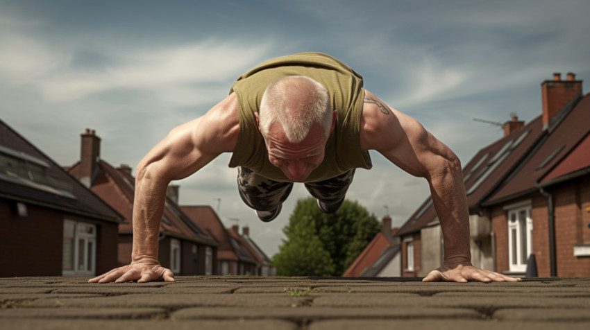 An athlete doing a pushup his arms are up An athlete doing a pushup his arms are up