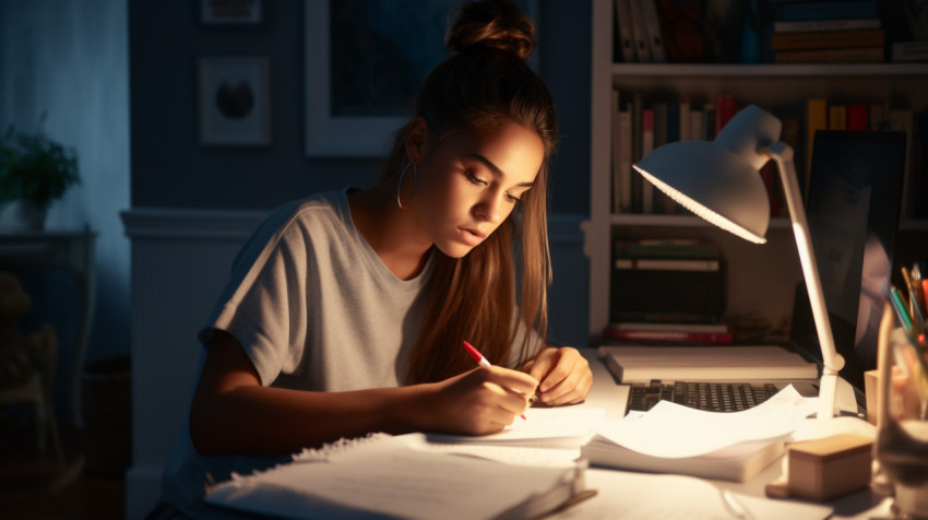 A young woman sits at a desk in her bedroom writing in a journal A young woman sits at a desk in her bedroom writing in a journal