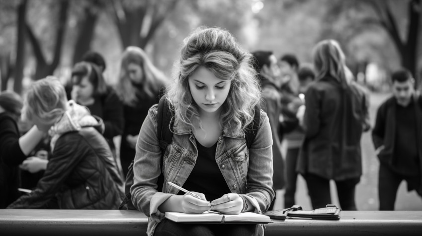 a woman sits on a bench in a park writing in a journal