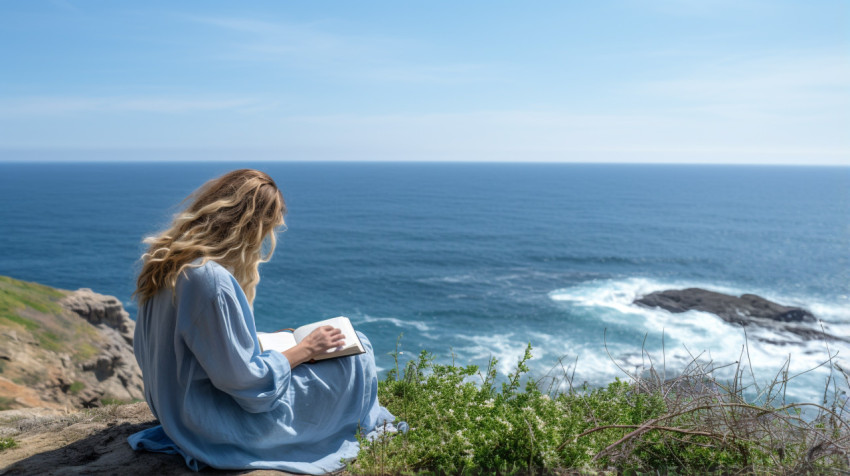 a woman sits on a cliff overlooking the ocean writing in a journ a woman sits on a cliff overlooking the ocean writing in a journ