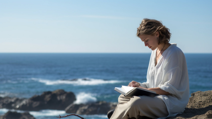 Woman Reflects on Ocean Views Woman Reflects on Ocean Views