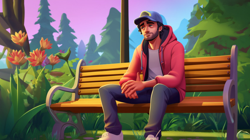 Sits on a bench in a park he is wearing a hoodie and jeans Sits on a bench in a park he is wearing a hoodie and jeans